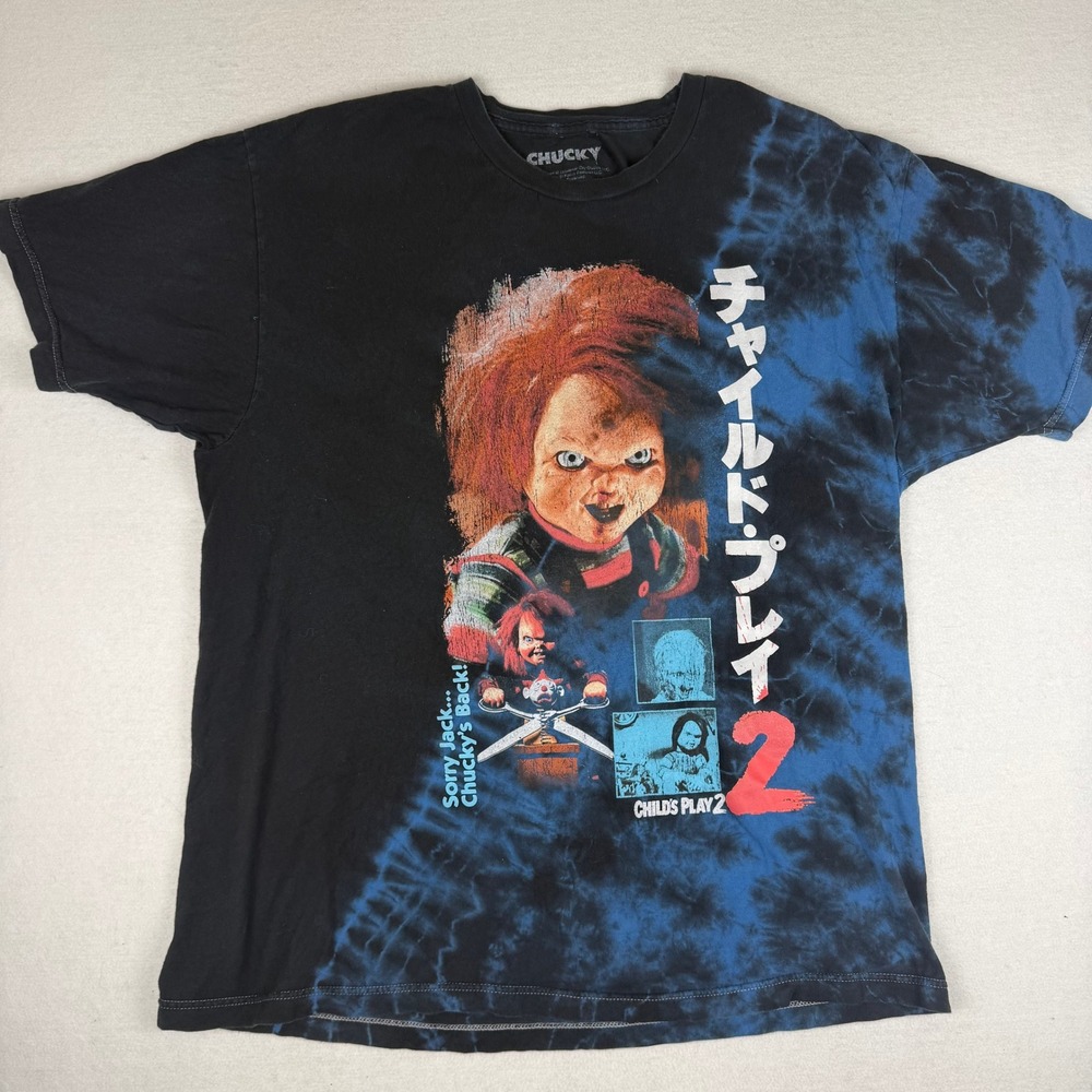 Chucky Childs Play 2 Horror Movie Graphic Tee Mens Large Black Blue T-Shirt